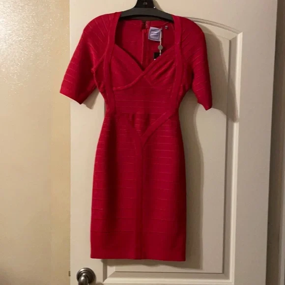 chinese dress ladies Herve Leger Red Long Sleeve Plunge Bandage Dress  Studded Petals Vintage